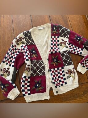 Patchwork Floral Embroidered Cardigan Sweater in Cream & Burgundy